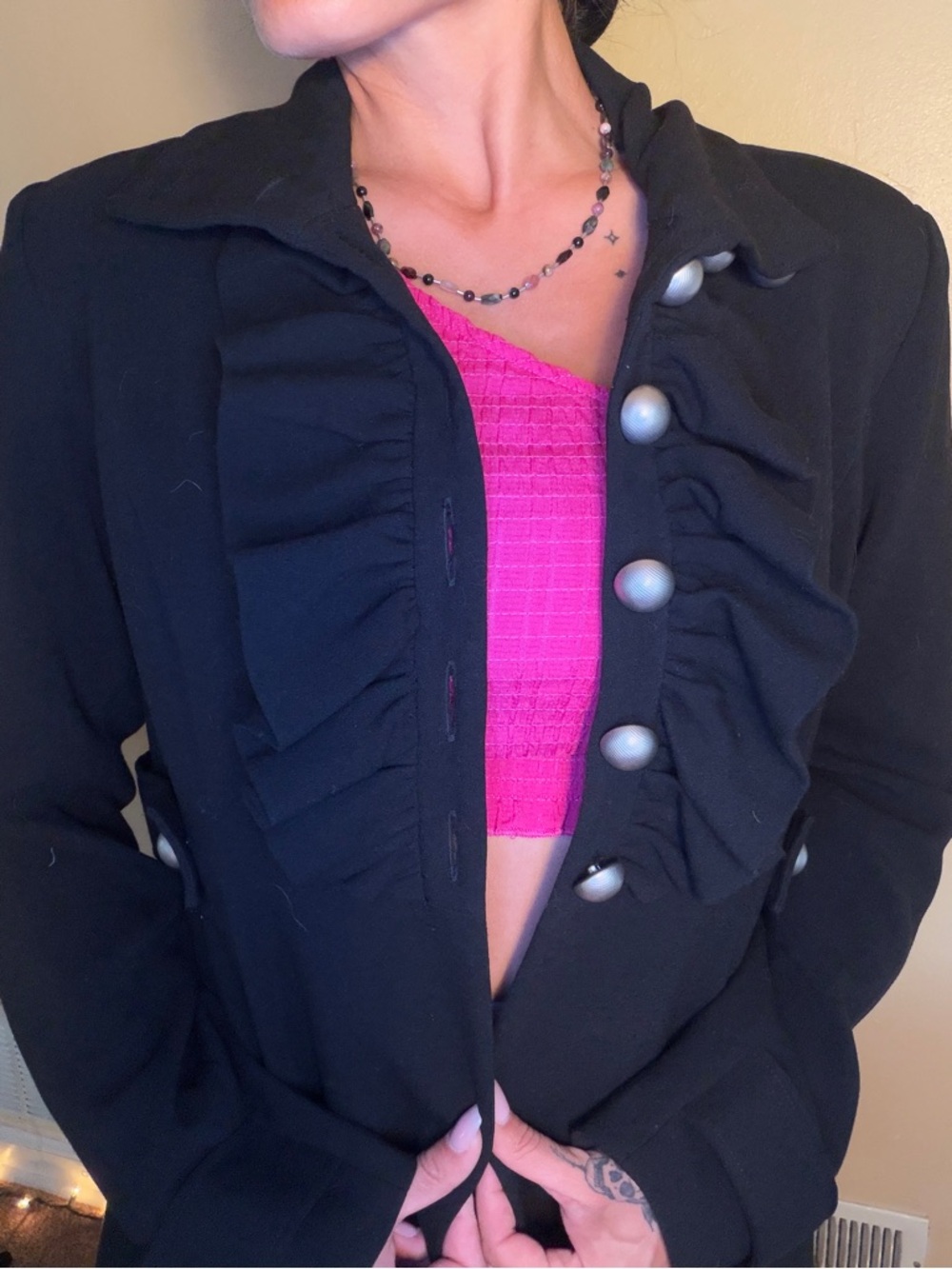 Black Ruffle Button Jacket High Fashion - Picture 3 of 5